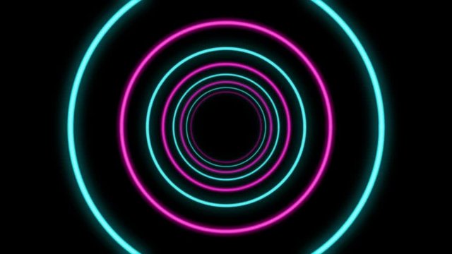 A Loopable time portal 3d rendering of a round looking tunnel in the black background. It is bright and colorful and has turquoise and pink objects placed in one long tube