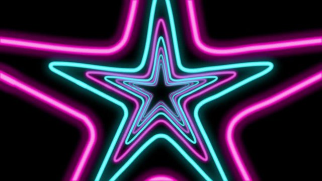 A psychedelic 3d rendering of a five-pointed star tunnel in the black background. It is radiant and multicolored. It has turquoise, violet and pink objects put in one straight pipe. Loopable.
