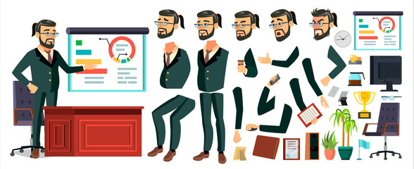 CEO Business Man Character Vector. Working Bearded CEO Male. Modern Office Workplace. Chief Executive Officer, General, Colonel, Capital. Animation Set. Face Emotions. Cartoon Illustration