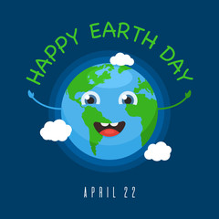 Happy Earth Day banner 22 april. Cute earth character. World map globe with smiley face icon. Vector illustration in cartoon