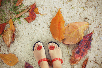 Woman foot wearing nice glamor sandals on tropical sand and coloured leafs
