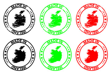 Made in Ireland - rubber stamp - vector, Ireland map pattern - black, green and red