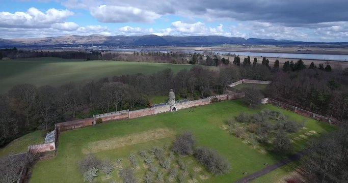 Aerial footage of The Pineapple also called Pineapple House near Airth in Central Scotland. A pineapple shaped roof of a summerhouse built in 1761 by the Earl of Dunmore.
