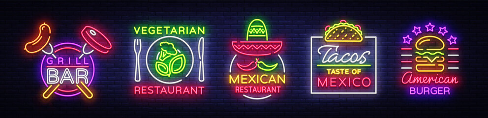 Bright neon symbols for food. Collection Design Elements, Neon Signs for Food, Grill Bar, Vegetarian Food, Mexican Restaurant, Tacos, American Burger, Vector Illustration