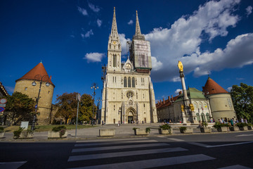 Holy Mary pillar and Zagreb Cathedral in ZAGREB, CROATIA