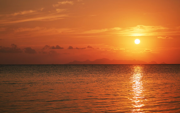 Orange red sunset in the sea on Koh Samui