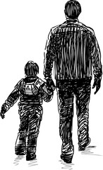Fototapeta na wymiar Sketch of a man with his kid on a stroll
