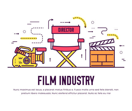 Premium quality cinema industry thin line design set. Filming minimalistic symbol infographic. Outline movie technology template of icon, typography, logo, pictogram and illustration concept