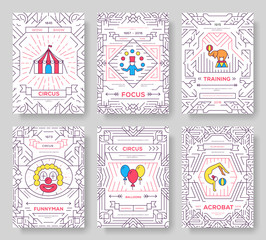 circus thin line brochure cards set. Festival traditional template of flyear, magazines, posters, book cover, banners. Devices outline invitation concept background. Layout quality modern pages