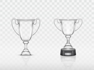 Vector 3d realistic cup, transparent glass trophy for winner of competition, championship. Shiny crystal goblet for success, victory. Reward, prize isolated on white background. Achievement design
