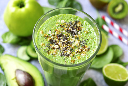 Detox smoothie with green vegetables, oats and seeds.Top view.