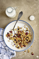 Homemade granola with milk for a breakfast.Top view.