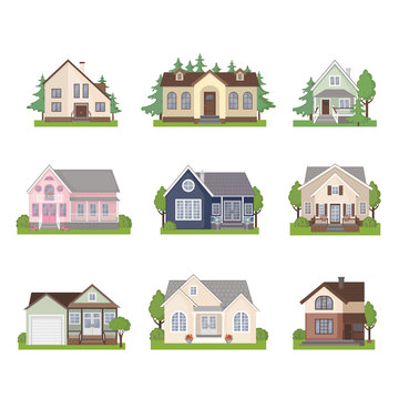 Set of cottage house icons in flat style.
