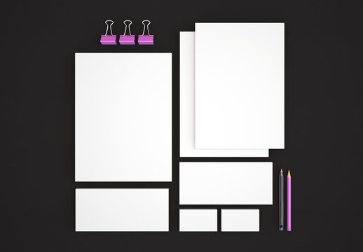 Realistic Stationery Mockups Set. Letterhead, name card, envelope, presentation folder. 3d render.