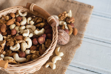 Nut mix in bowl. Hazelnuts, cashews, walnuts and almonds. Dietary food