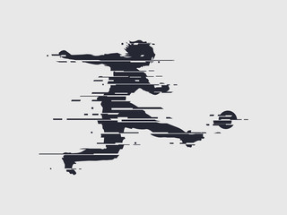 Glitch football soccer player shoots ball trendy glitch vector sport illustration