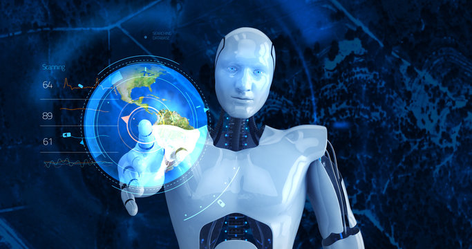 Humanoid male robot touching digital globe. 3D Render