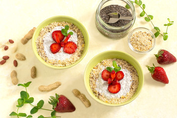 Chia pudding with coconut milk, strawberries and peanuts