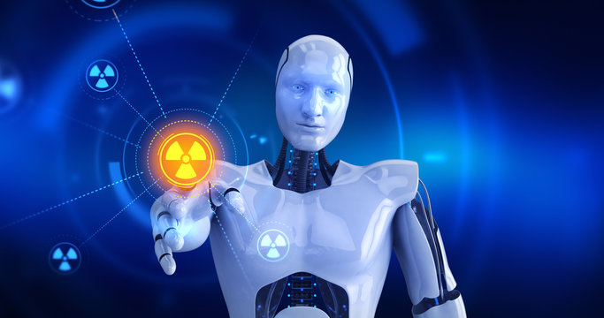 Humanoid robot touching on screen then nuclear symbols appears. 3D Render