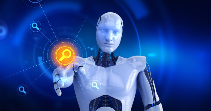 Humanoid robot touching on screen then search symbols appears. 3D Render