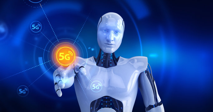Humanoid robot touching on screen then high speed 5G symbols appears. 3D Render
