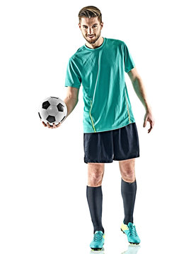 one caucasian soccer player man standing holding football isolated on white background