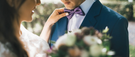 Close-up image Bride Adjusting Groom's Tie, sun backlit. Bride put hand on groom's shoulder. Artwork - 199021450