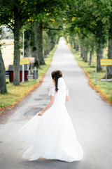 Obraz premium Bride Walks Down Road Alone. Rear view. Artwork.