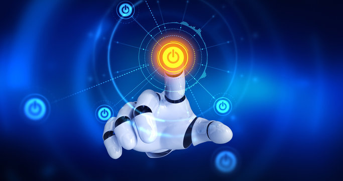 Robot hand touching on screen then start symbols appears. 3D Render