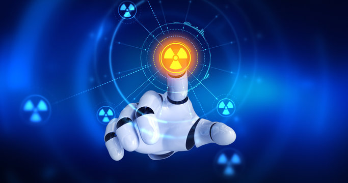 Robot hand touching on screen then nuclear symbols appears. 3D Render