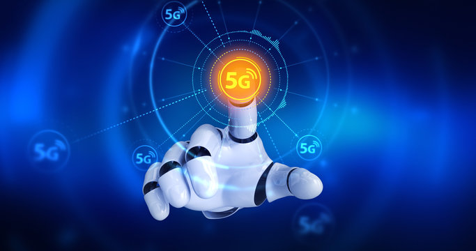 Robot hand touching on screen then high speed 5G symbols appears. 3D Render