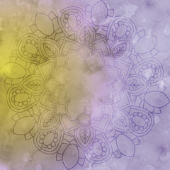 Mandala over colorful watercolor. Beautiful vintage round pattern.  abstract background. Decorative art. Invitation, t-shirt print, wedding card. Tattoo element.