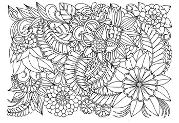 Outline vector drawing of flowers for adult coloring books. Page of floral pattern in black and white