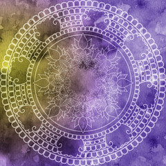 Mandala over colorful watercolor. Beautiful vintage round pattern.  abstract background. Decorative art. Invitation, t-shirt print, wedding card. Tattoo element.