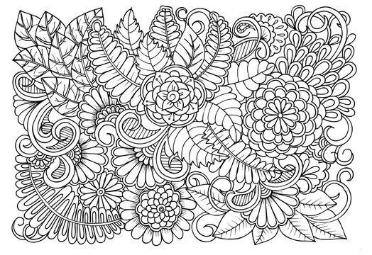 Outline vector drawing of flowers for adult coloring books. Page of floral pattern in black and white