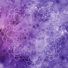 Mandala over colorful watercolor. Beautiful vintage round pattern.  abstract background. Decorative art. Invitation, t-shirt print, wedding card. Tattoo element.