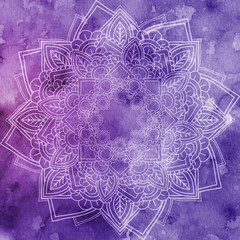 Tribal, Mandala over colorful watercolor. Beautiful vintage round pattern.  abstract background. Decorative art. Invitation, t-shirt print, wedding card. Tattoo element.
