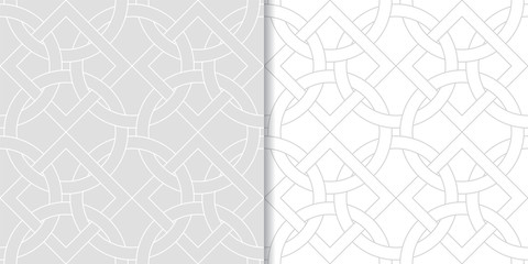 Light gray geometric prints. Set of seamless patterns