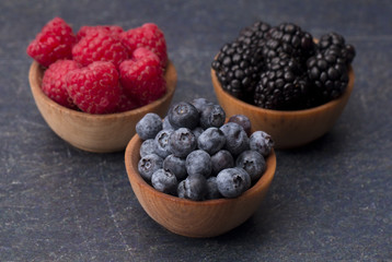 Fruits of the Forest, Raspberries, Blueberries and Blackberries, on a Slate Cutting Board