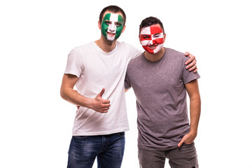 Football fans supporters with painted face of national teams of Nigeria and Croatia isolated on white background