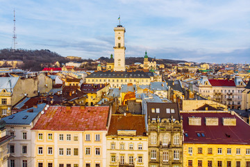 Fototapeta na wymiar cityscape of old european city. bird's eye view