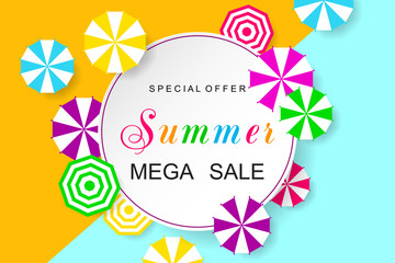 Summer sale design template. Colorful beach umbrellas background. Vector illustration.