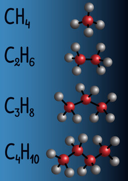 Chemical formula and molecule model methane CH4, ethane C2H4,  propane C3H8,  butane C4H10 on dark blue background