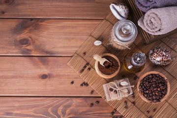Natural handmade soap, aromatic cosmetic oil, sea salt with coffee beans