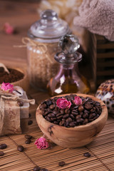 Natural handmade soap, aromatic cosmetic oil, sea salt with coffee beans