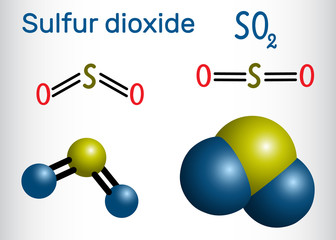 Sulfur dioxide (sulphur dioxide, SO2) molecule. Structural chemical formula and molecule model