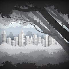 Illustration of cityscape in the jungle in conservation environment concept paper art style