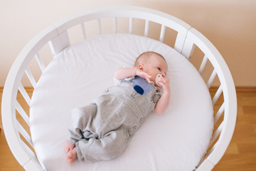 Beautiful newborn baby lying in an round bed with beautiful bumpers in delicate gray, blue, white...