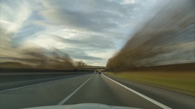 Time lapse of a driving on the longest German Autobahn A7 on the site between Fulda and Kassel. 4K.