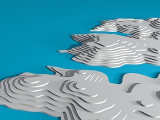 3D topographic map of the sea coast. 3D rendering. Bay, sea, mountains, valleys. Topography and cartography. The concept of geography with a wavy background.